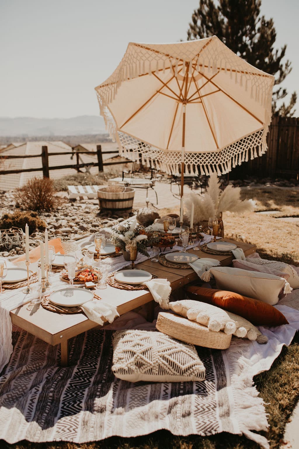 boho patio umbrella with fringe L'Amour” Fringe Tassel Umbrella – Bohemian Rentals