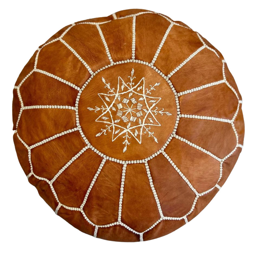 Moroccan Embroidered Leather Pouf